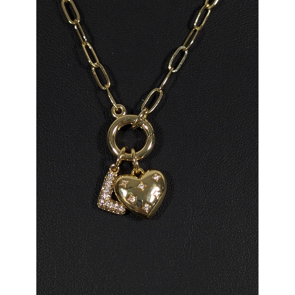 Gold Tone Initial L Necklace Puffy Heart‎ Charm CZ Pave Letter 18" For Layering